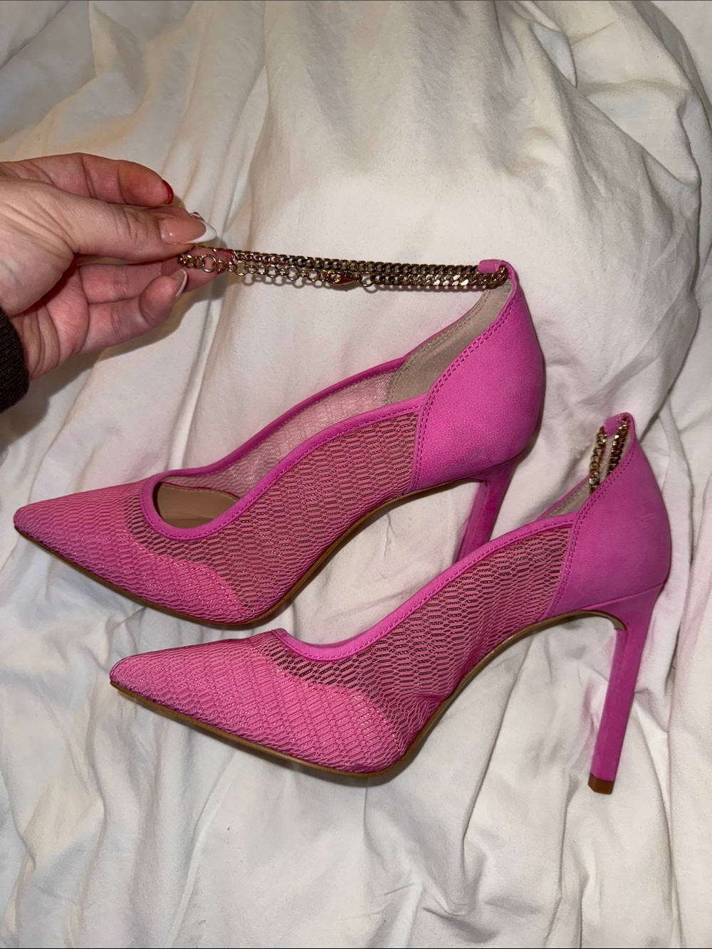 Gianni Bini Pink Mesh Pointed Stiletto Heels with Gold Chain Strap